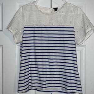 J. Crew White Eyelet & Blue Striped Short Sleeve Tee
